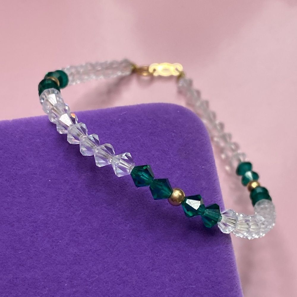 💛 Vintage 14k Gold & Green/White Austrian Crystal Stacking Bracelet